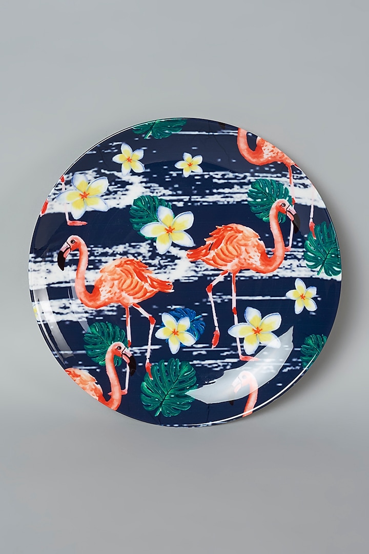 Grey Ceramic Flamingo Printed Wall Plate by The Quirk India