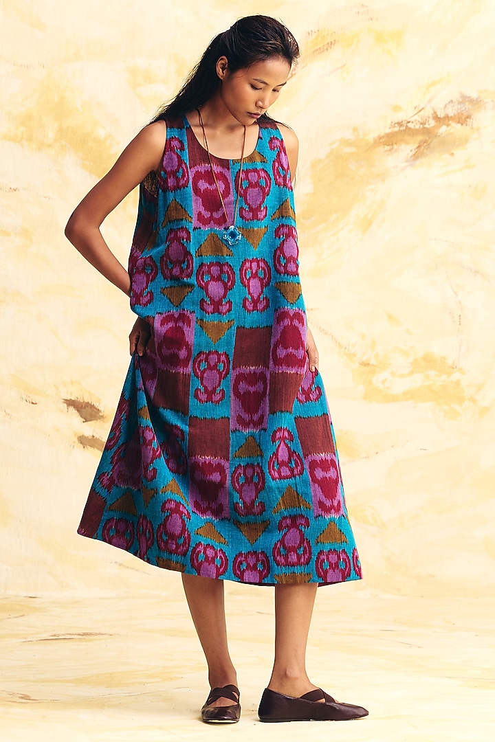 Cobalt Blue Linen Ikat Printed A-Line Midi Cocktail Dress With Overlay by Translate Ikat India at Pernia's Pop Up Shop
