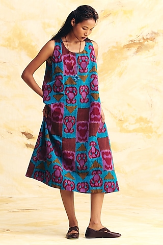 Cobalt Blue Linen Ikat Printed A-Line Midi Dress With Overlay by Translate Ikat India