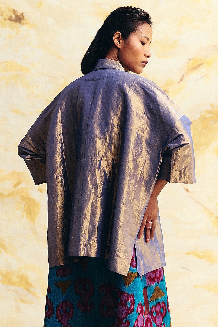 Cobalt Blue Linen Ikat Printed A-Line Midi Cocktail Dress With Overlay by Translate Ikat India at Pernia's Pop Up Shop