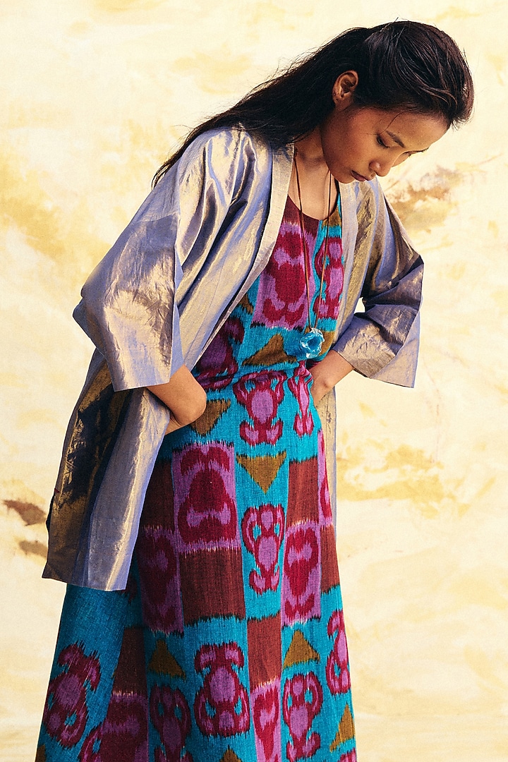 Cobalt Blue Linen Ikat Printed A-Line Midi Cocktail Dress With Overlay by Translate Ikat India at Pernia's Pop Up Shop
