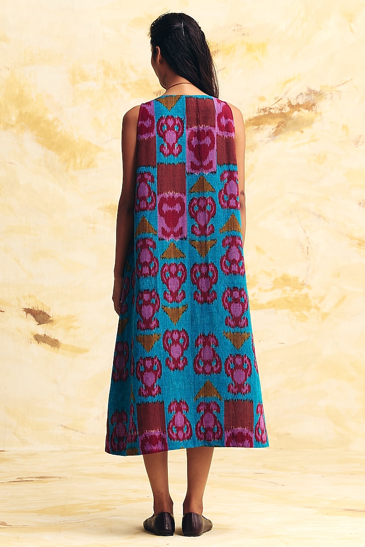 Cobalt Blue Linen Ikat Printed A-Line Midi Cocktail Dress With Overlay by Translate Ikat India at Pernia's Pop Up Shop