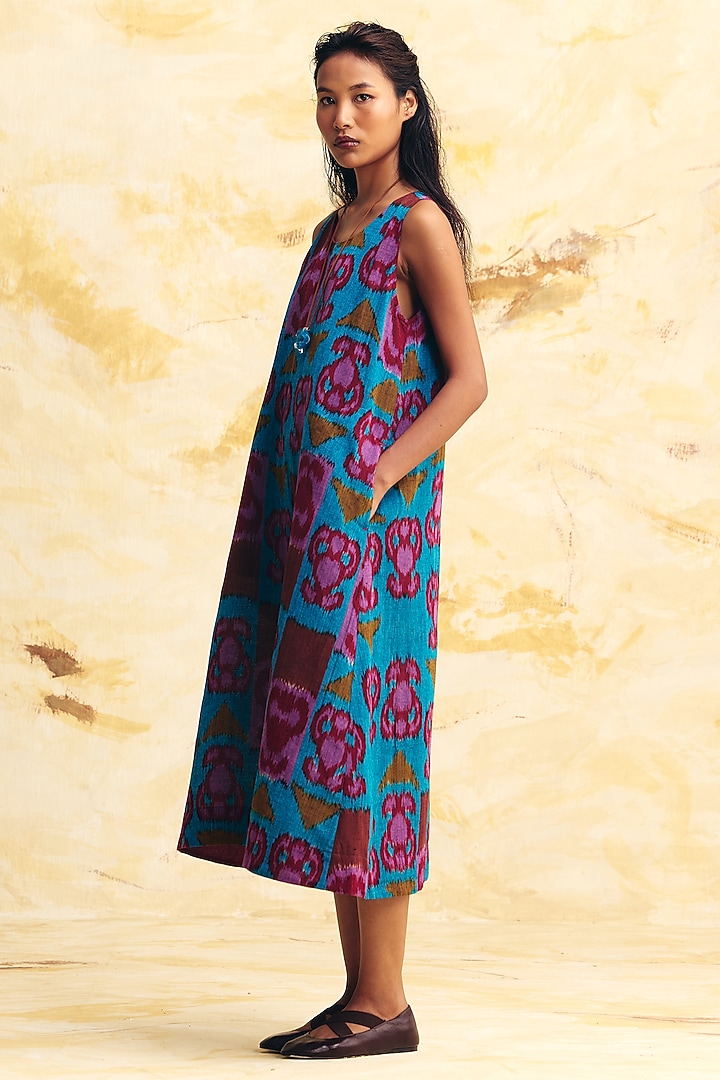 Cobalt Blue Linen Ikat Printed A-Line Midi Cocktail Dress With Overlay by Translate Ikat India at Pernia's Pop Up Shop