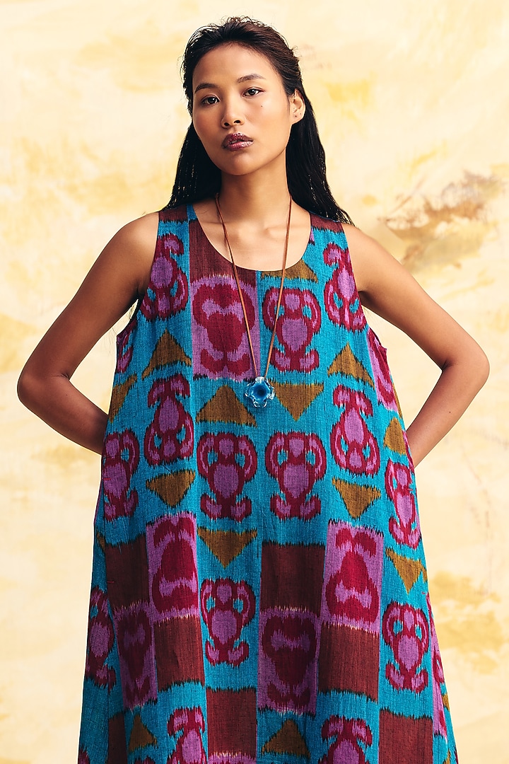Cobalt Blue Linen Ikat Printed A-Line Midi Cocktail Dress With Overlay by Translate Ikat India at Pernia's Pop Up Shop