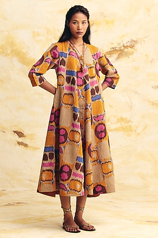 Beige Linen Ikat Printed Midi Dress by Translate Ikat India