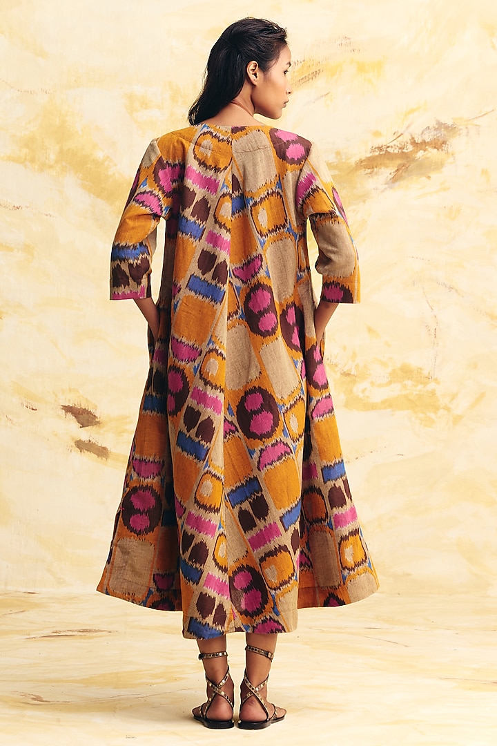 Beige Linen Ikat Printed Midi Vacation Dress by Translate Ikat India at Pernia's Pop Up Shop