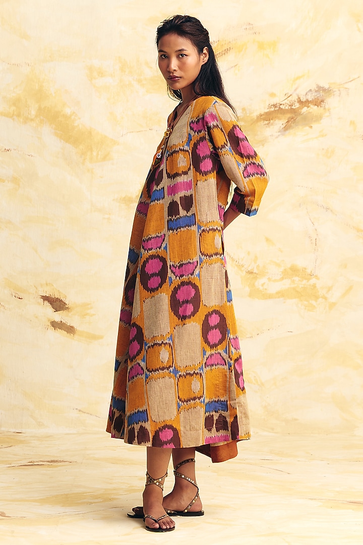 Beige Linen Ikat Printed Midi Vacation Dress by Translate Ikat India at Pernia's Pop Up Shop