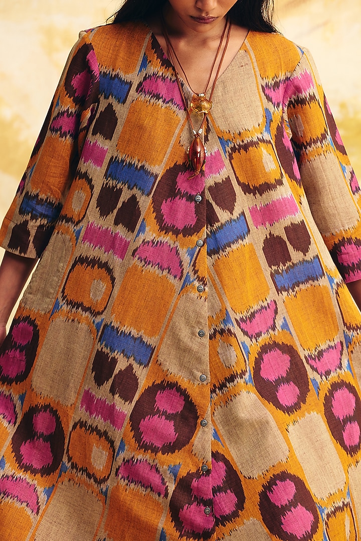 Beige Linen Ikat Printed Midi Vacation Dress by Translate Ikat India at Pernia's Pop Up Shop