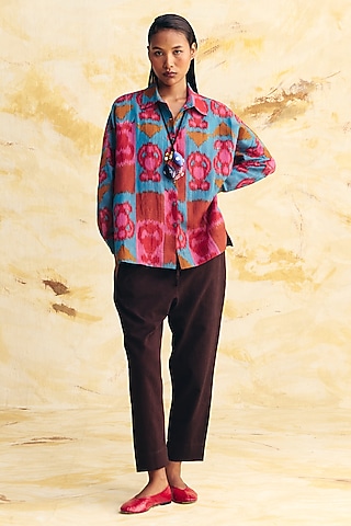 Teal & Pink Linen Ikat Printed Co-Ord Set by Translate Ikat India
