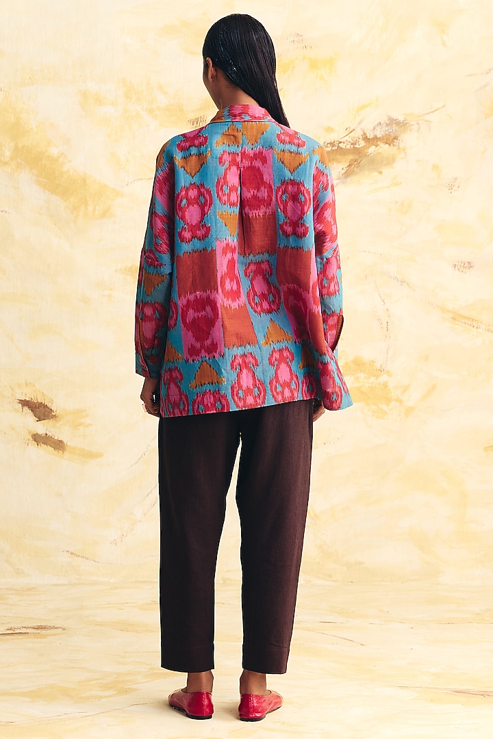 Teal & Pink Linen Ikat Printed Co-Ord Set by Translate Ikat India at Pernia's Pop Up Shop