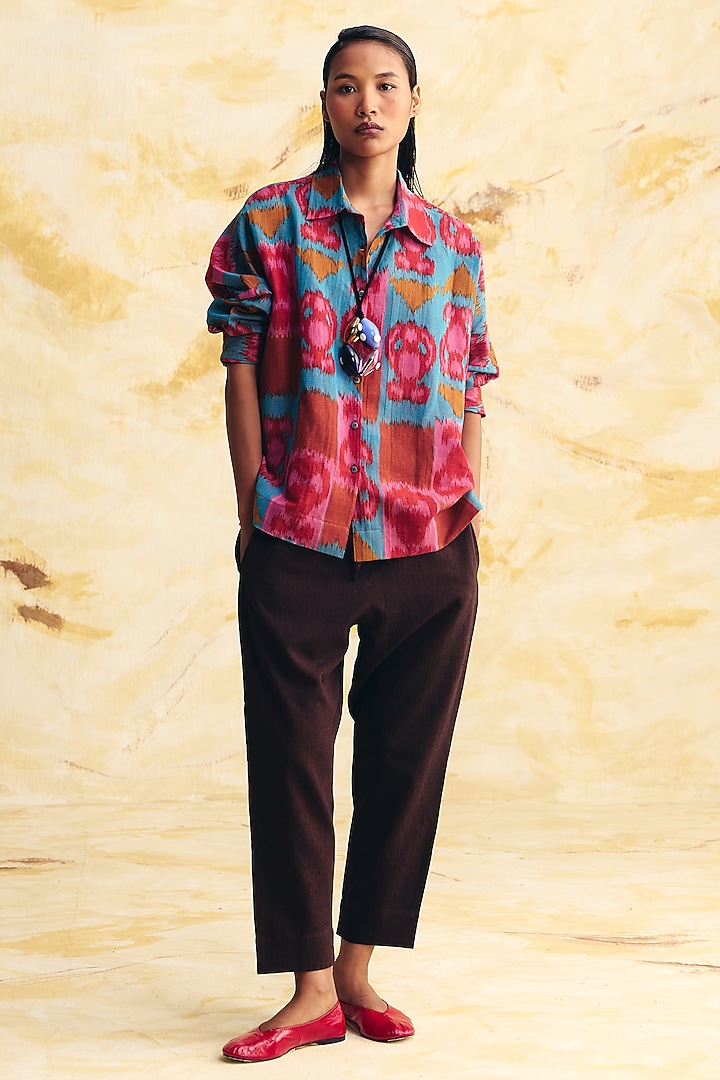 Teal & Pink Linen Ikat Printed Co-Ord Set by Translate Ikat India at Pernia's Pop Up Shop