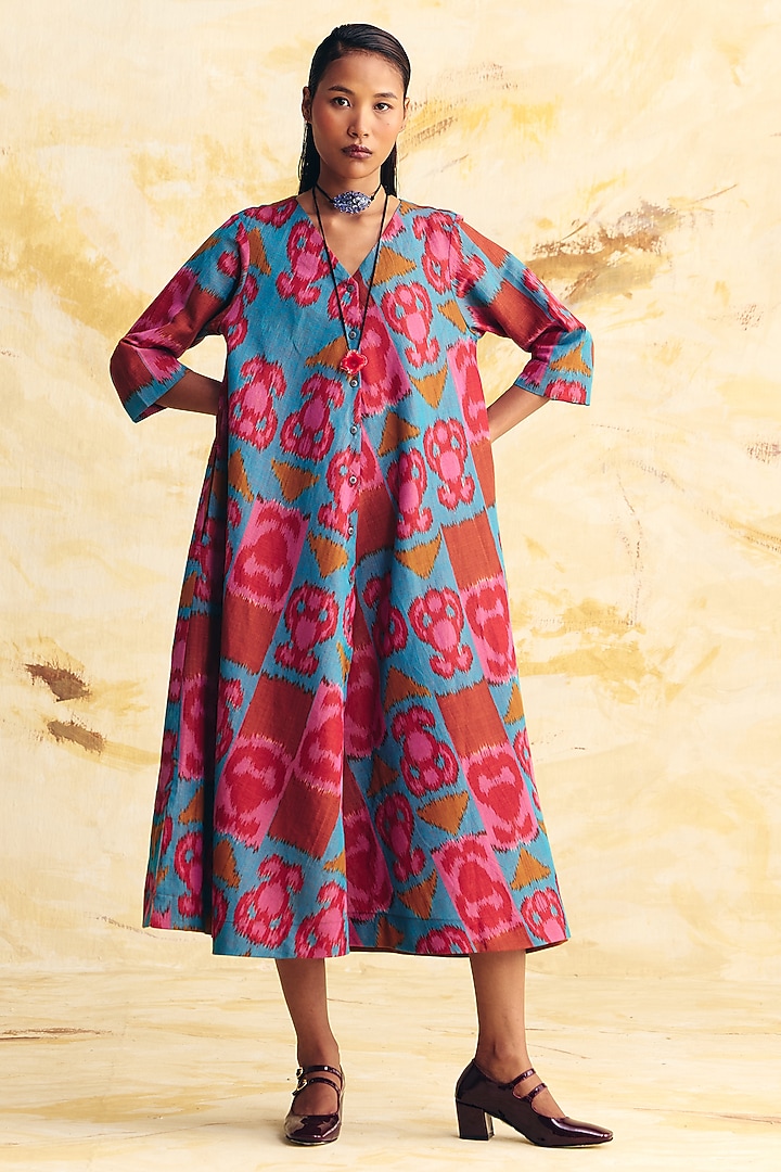 Teal & Pink Linen Ikat Printed Midi Vacation Dress by Translate Ikat India at Pernia's Pop Up Shop