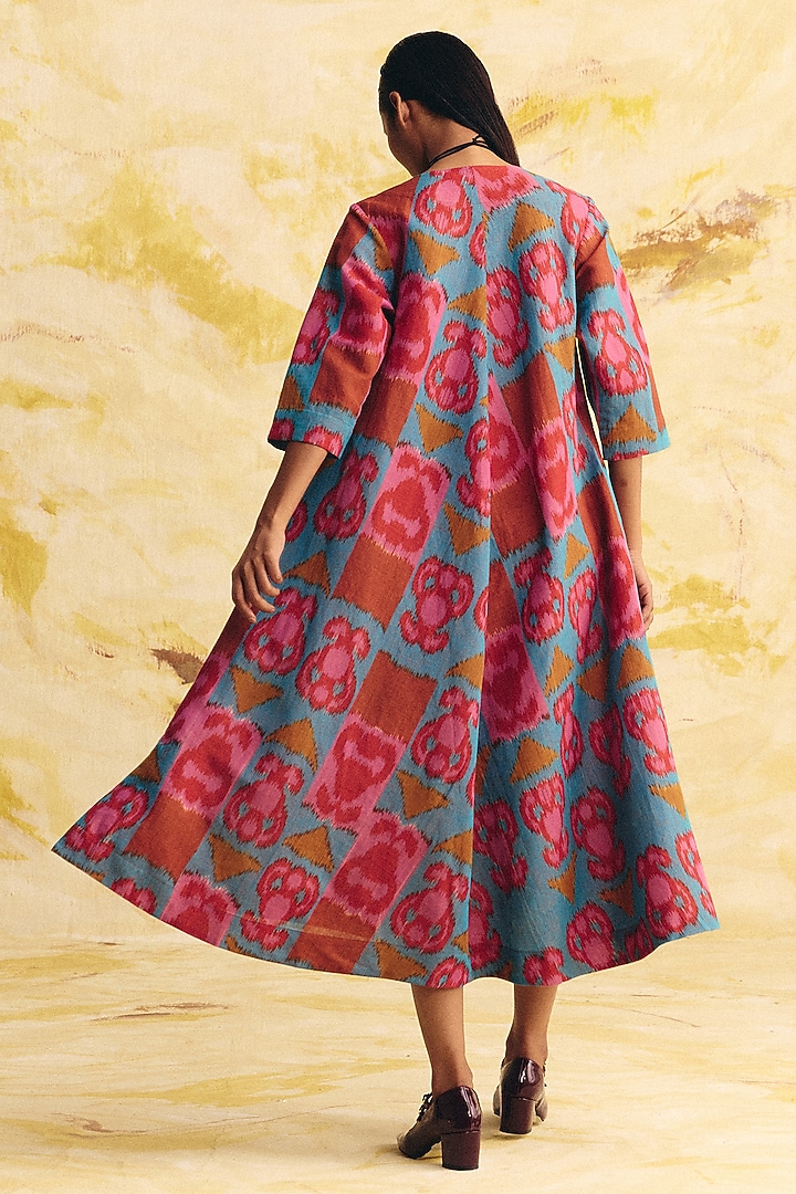 Teal & Pink Linen Ikat Printed Midi Vacation Dress by Translate Ikat India at Pernia's Pop Up Shop