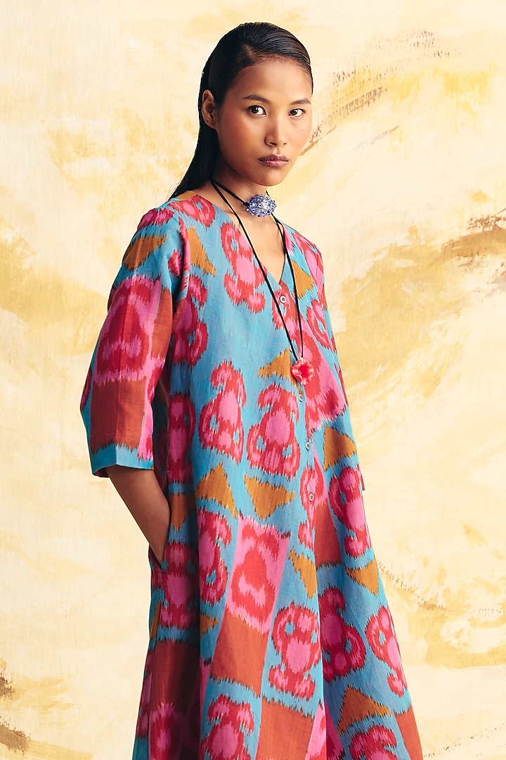 Teal & Pink Linen Ikat Printed Midi Vacation Dress by Translate Ikat India at Pernia's Pop Up Shop