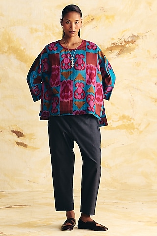 Cobalt Blue Linen Ikat Printed Co-Ord Set by Translate Ikat India