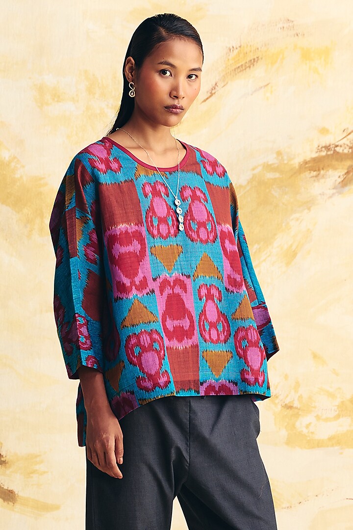Cobalt Blue Linen Ikat Printed Co-Ord Set by Translate Ikat India at Pernia's Pop Up Shop