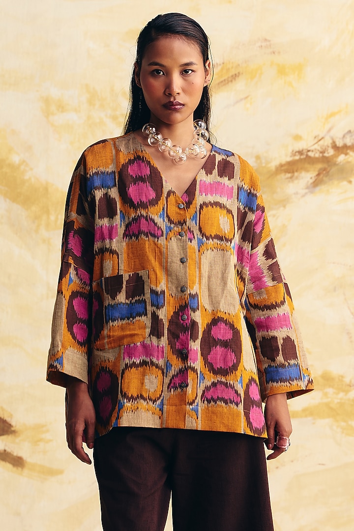 Beige Raw Silk Ikat Dye Printed Co-Ord Set by Translate Ikat India at Pernia's Pop Up Shop