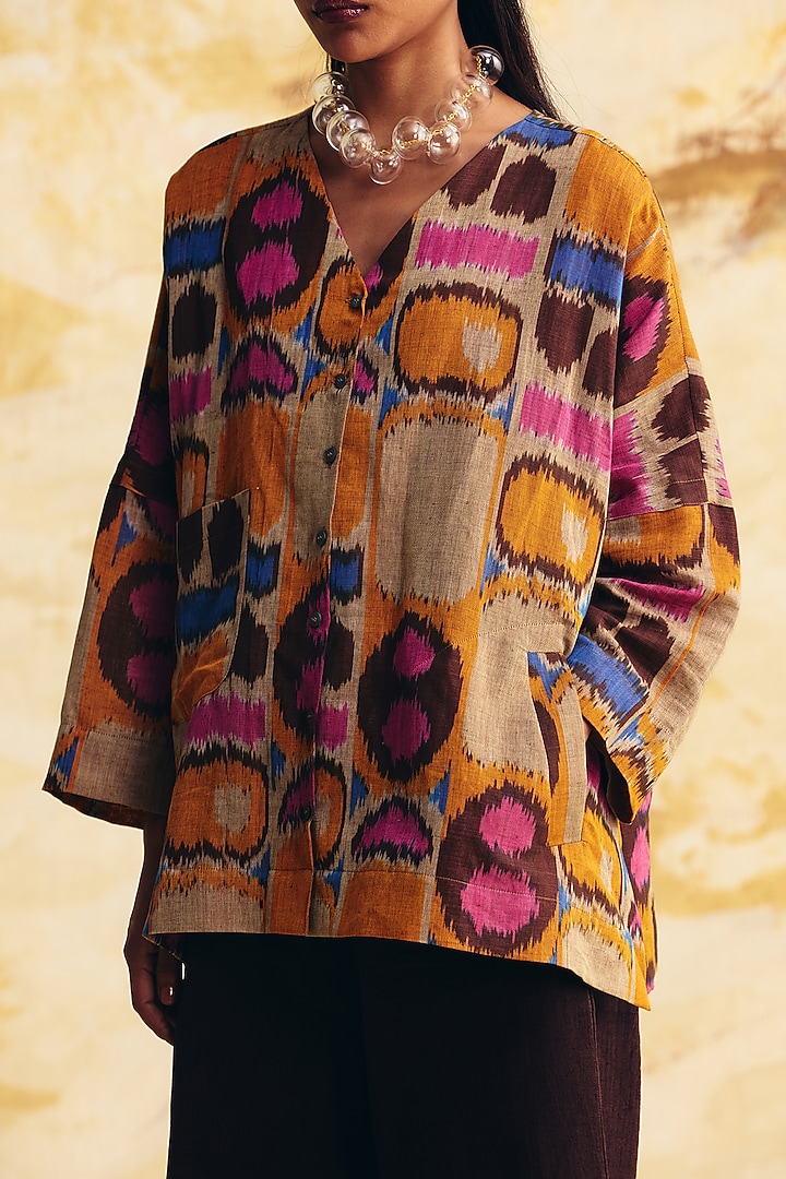 Beige Raw Silk Ikat Dye Printed Co-Ord Set by Translate Ikat India at Pernia's Pop Up Shop