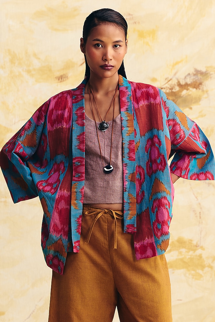 Teal & Pink Linen Ikat Printed Overlay by Translate Ikat India at Pernia's Pop Up Shop