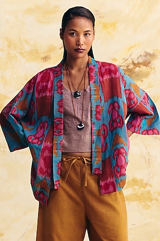 Teal & Pink Linen Ikat Printed Overlay by Translate Ikat India