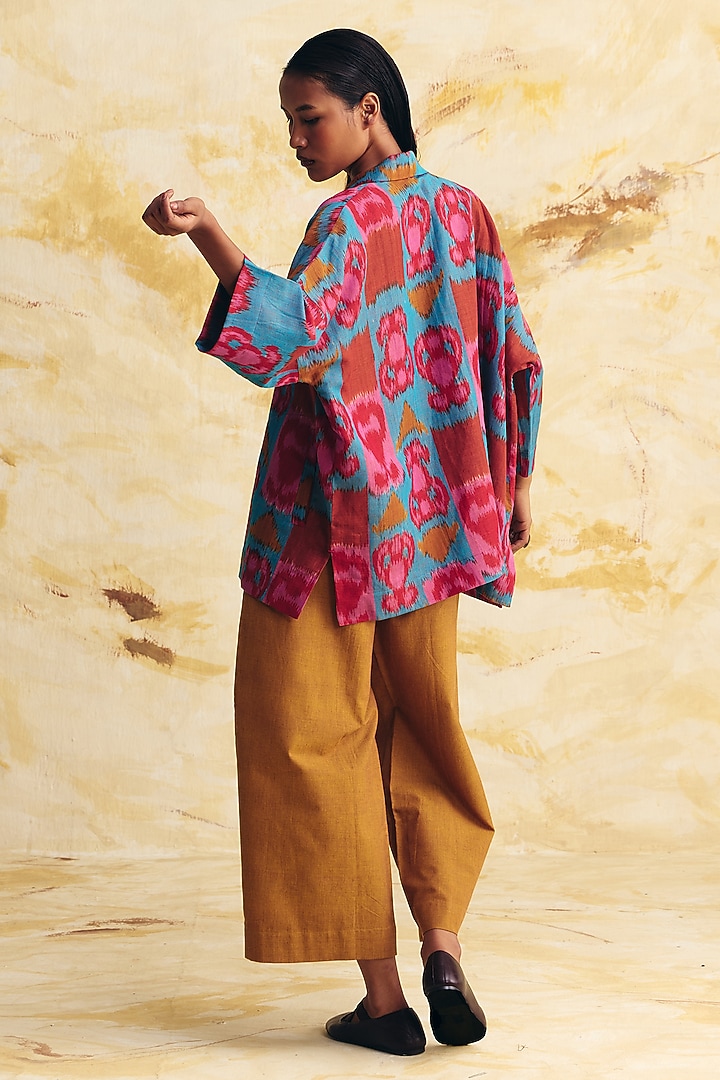 Teal & Pink Linen Ikat Printed Overlay by Translate Ikat India at Pernia's Pop Up Shop