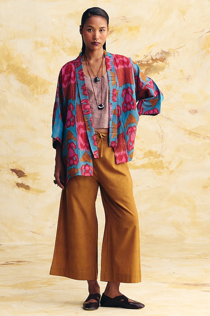 Teal & Pink Linen Ikat Printed Overlay by Translate Ikat India at Pernia's Pop Up Shop