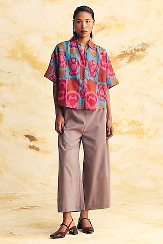 Teal & Pink Linen Ikat Printed Co-Ord Set by Translate Ikat India