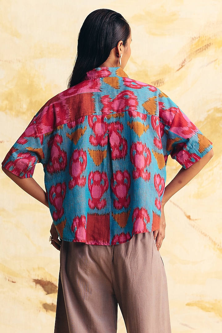 Teal & Pink Linen Ikat Printed Co-Ord Set by Translate Ikat India at Pernia's Pop Up Shop