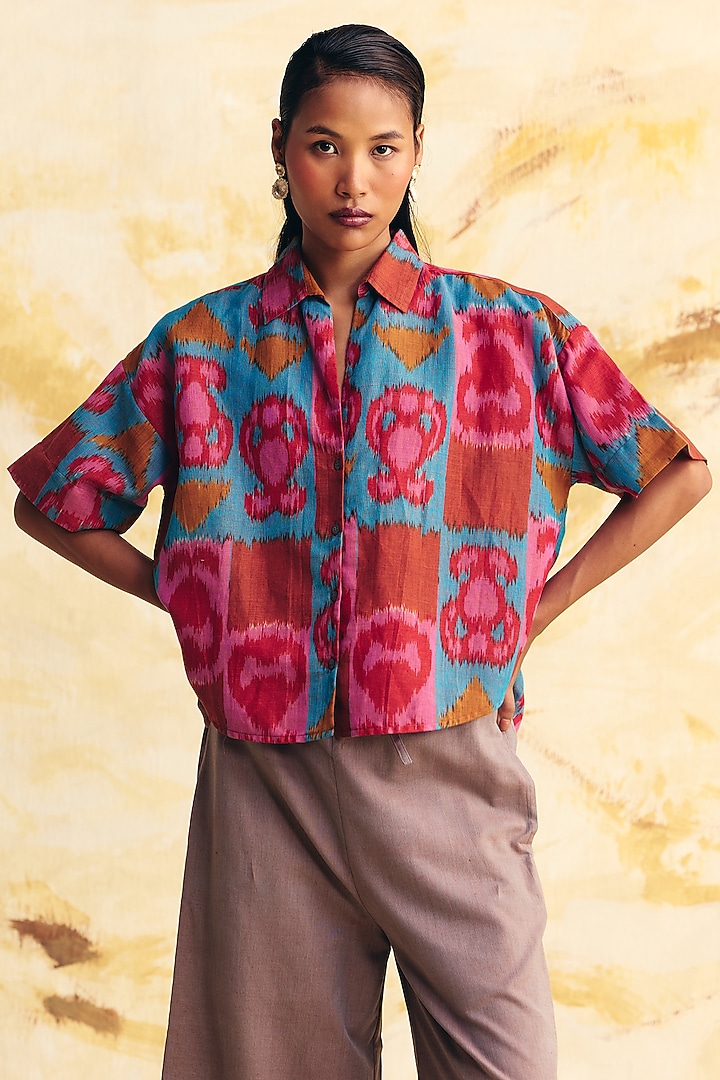 Teal & Pink Linen Ikat Printed Co-Ord Set by Translate Ikat India at Pernia's Pop Up Shop
