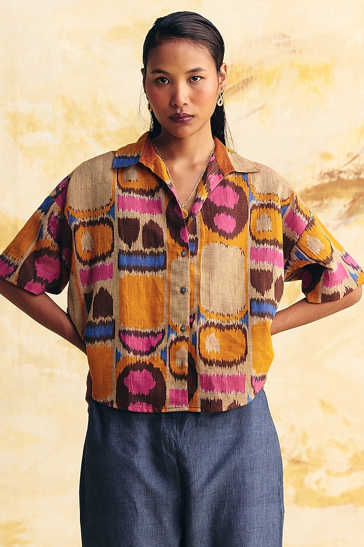 Beige Linen Ikat Printed Co-Ord Set by Translate Ikat India at Pernia's Pop Up Shop