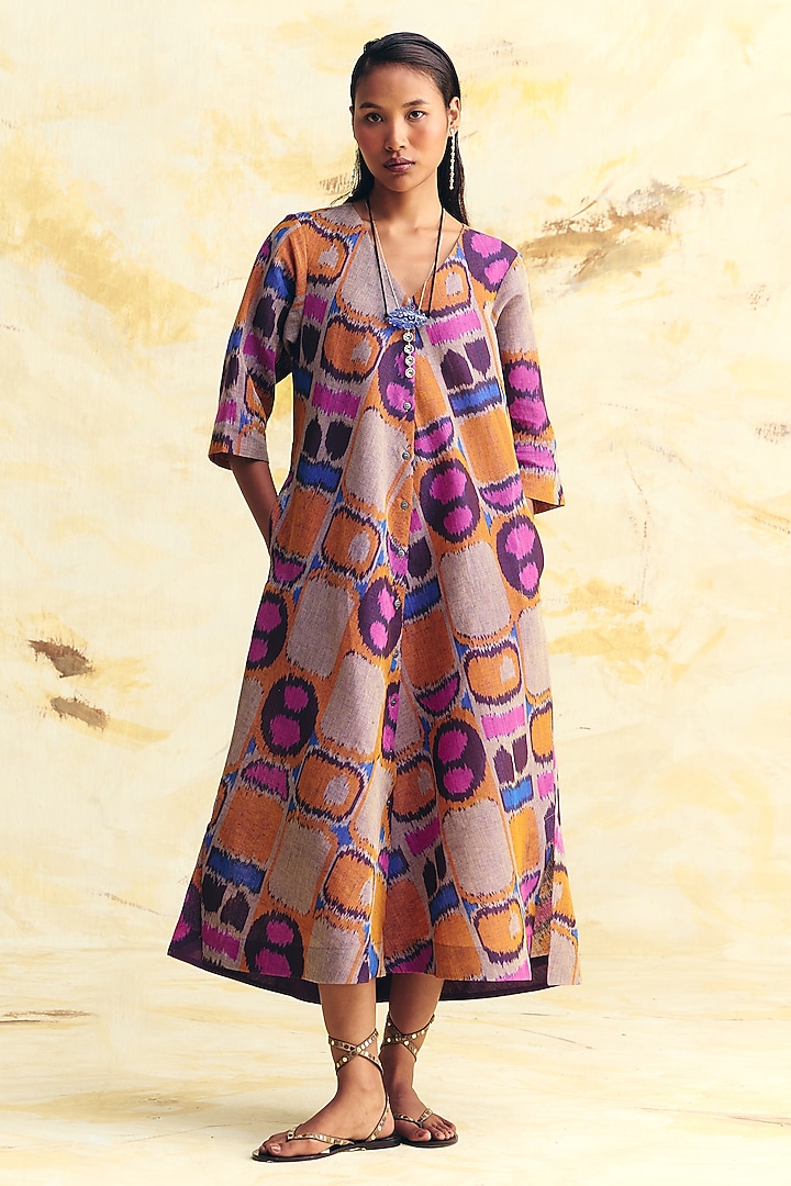 Lavender & Grey Linen Ikat Printed Midi Vacation Dress by Translate Ikat India at Pernia's Pop Up Shop
