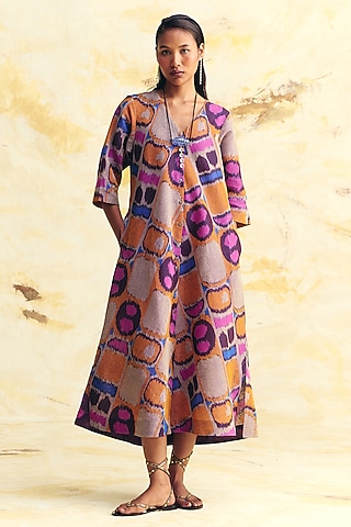 Lavender & Grey Linen Ikat Printed Midi Dress by Translate Ikat India