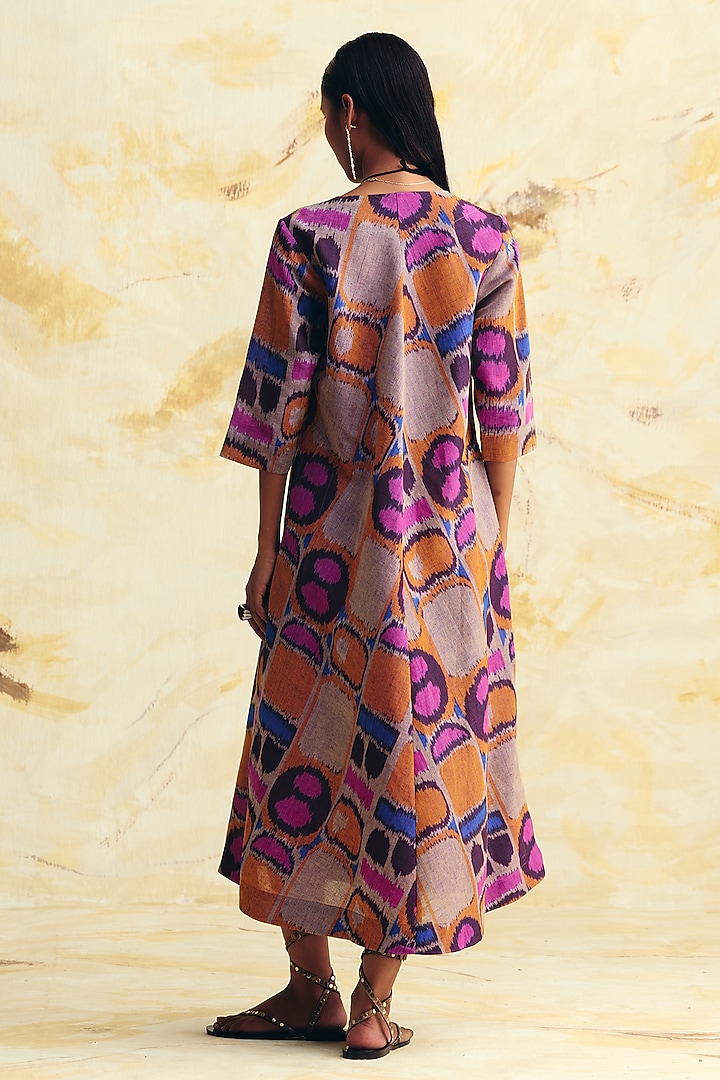 Lavender & Grey Linen Ikat Printed Midi Vacation Dress by Translate Ikat India at Pernia's Pop Up Shop