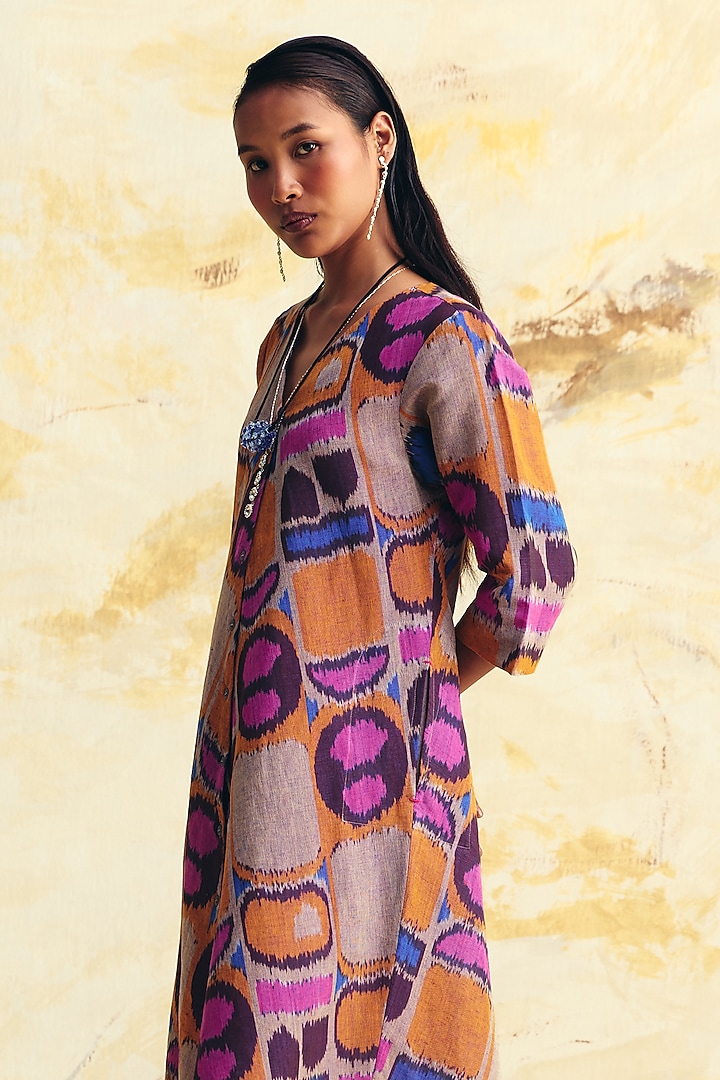 Lavender & Grey Linen Ikat Printed Midi Vacation Dress by Translate Ikat India at Pernia's Pop Up Shop