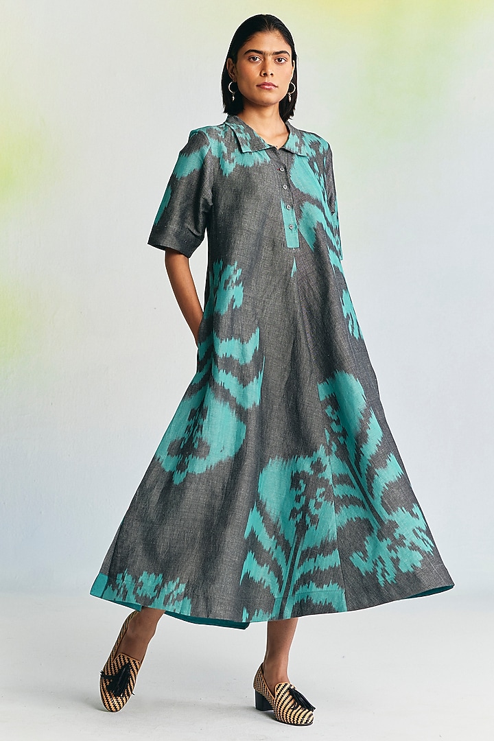 Grey Linen Ikat Printed Midi Vacation Dress by Translate Ikat India at Pernia's Pop Up Shop