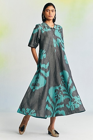 Grey Linen Ikat Printed Midi Dress by Translate Ikat India