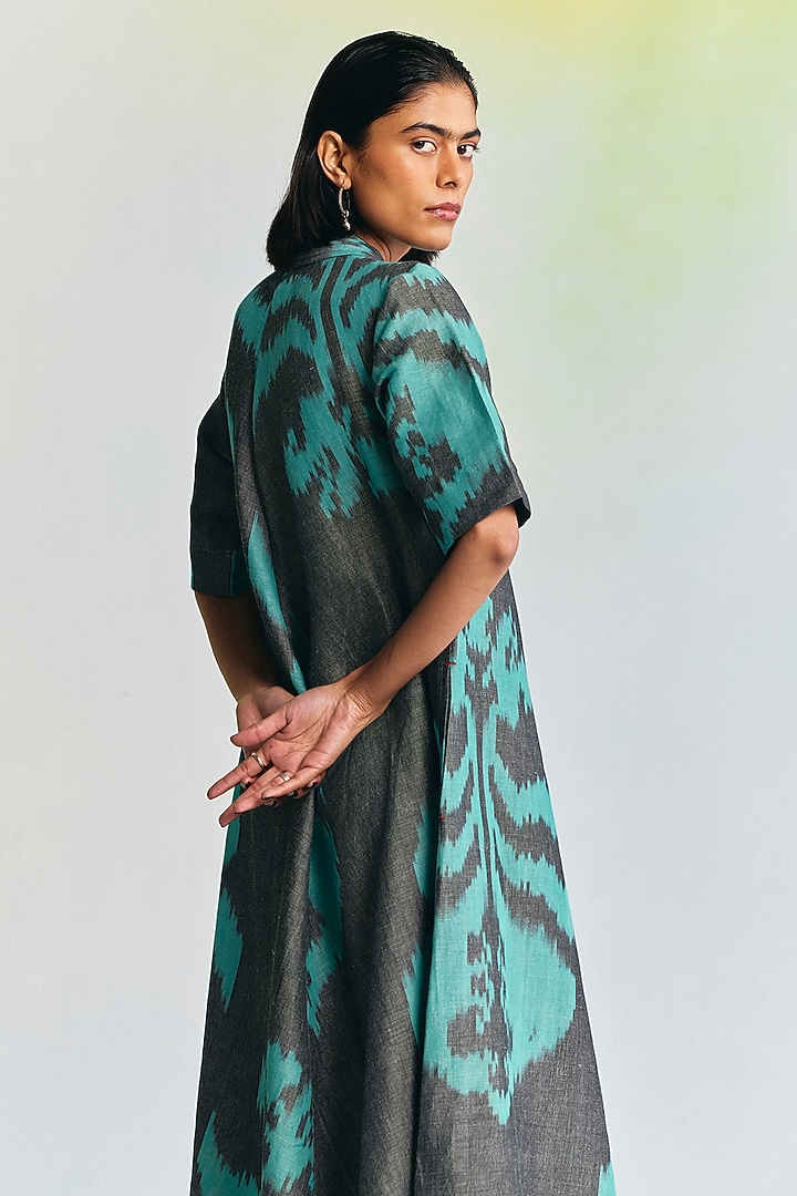 Grey Linen Ikat Printed Midi Vacation Dress by Translate Ikat India at Pernia's Pop Up Shop