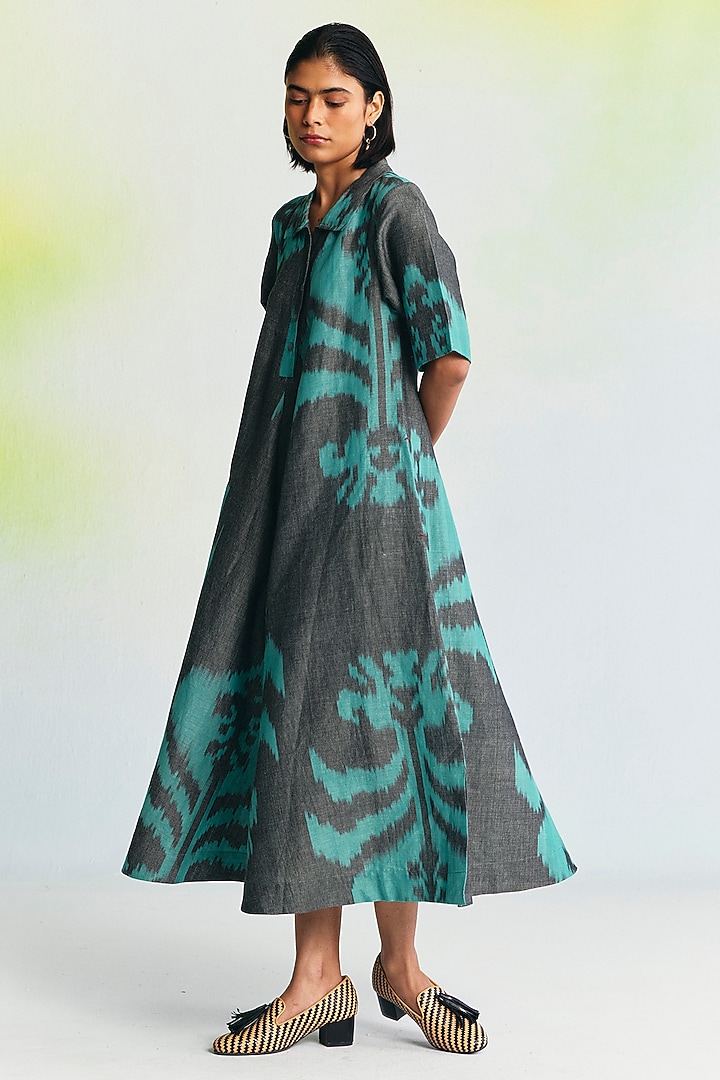 Grey Linen Ikat Printed Midi Vacation Dress by Translate Ikat India at Pernia's Pop Up Shop