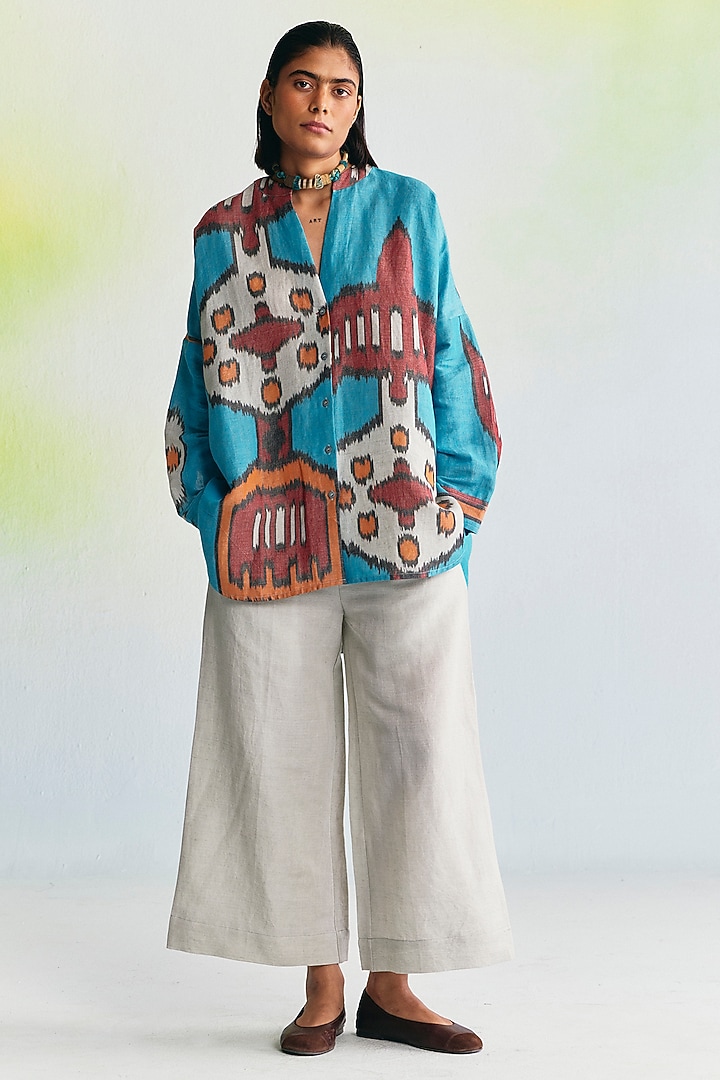 Artic Blue Linen Ikat Printed Co-Ord Set by Translate Ikat India at Pernia's Pop Up Shop