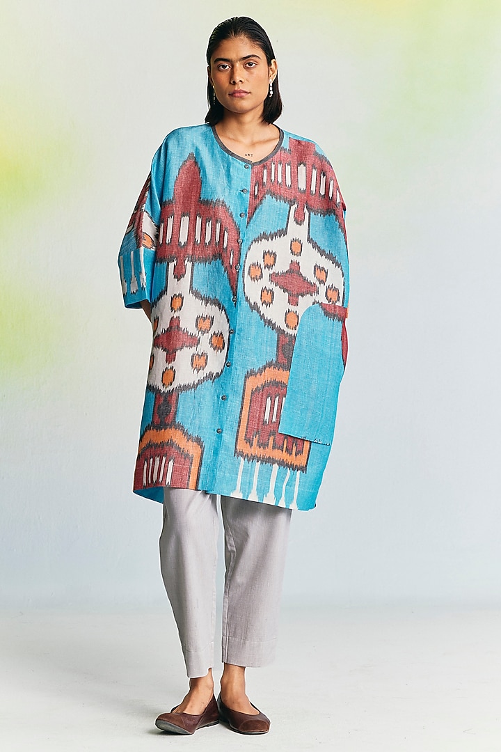 Electric Blue Linen Ikat Printed Shirt by Translate Ikat India at Pernia's Pop Up Shop