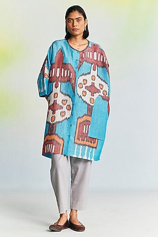 Electric Blue Linen Ikat Printed Shirt by Translate Ikat India