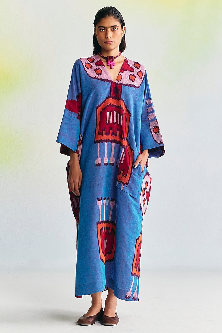 Multi-Colored Linen Ikat Printed Kaftan Vacation Dress by Translate Ikat India at Pernia's Pop Up Shop