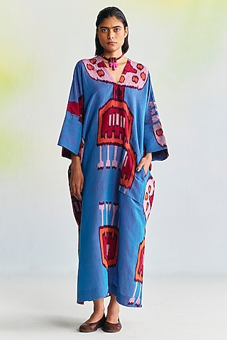 Multi-Colored Linen Ikat Printed Kaftan Dress by Translate Ikat India