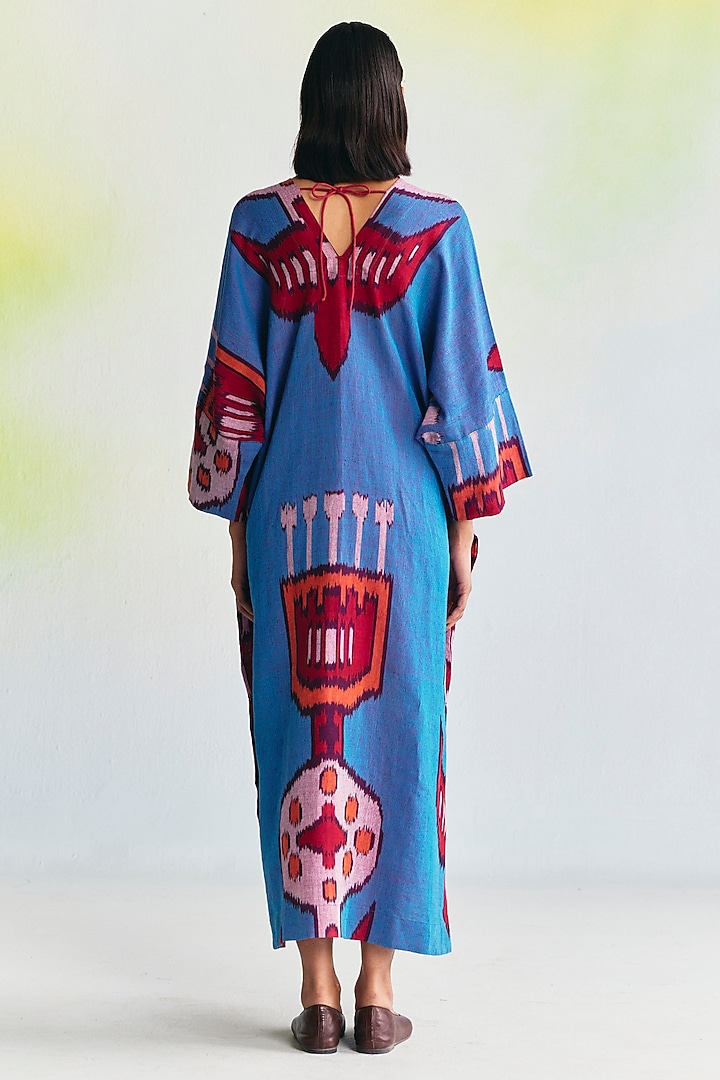 Multi-Colored Linen Ikat Printed Kaftan Vacation Dress by Translate Ikat India at Pernia's Pop Up Shop