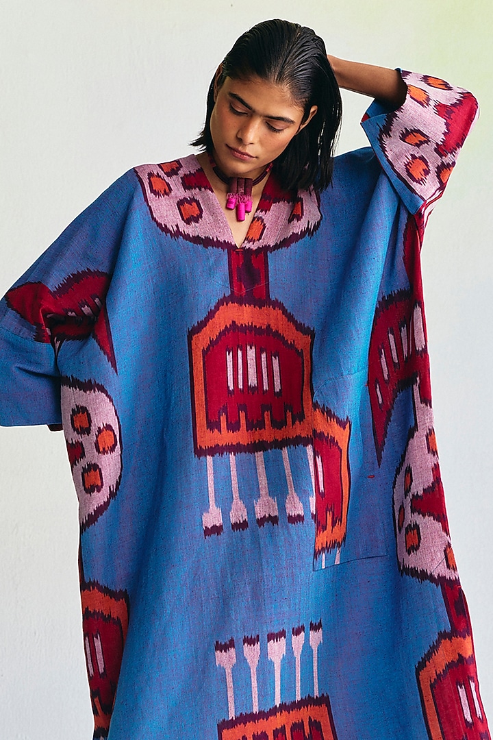 Multi-Colored Linen Ikat Printed Kaftan Vacation Dress by Translate Ikat India at Pernia's Pop Up Shop