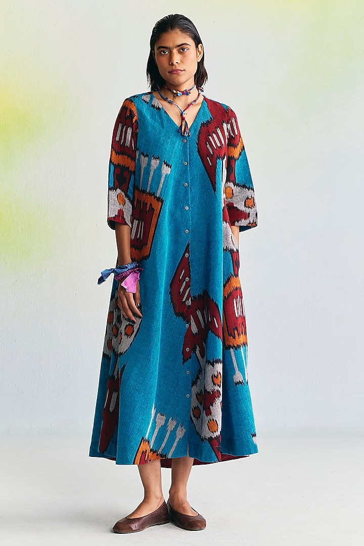 Cerulean Blue Linen Ikat Printed Vacation Dress by Translate Ikat India at Pernia's Pop Up Shop