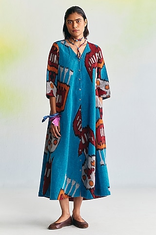 Cerulean Blue Linen Ikat Printed Dress by Translate Ikat India