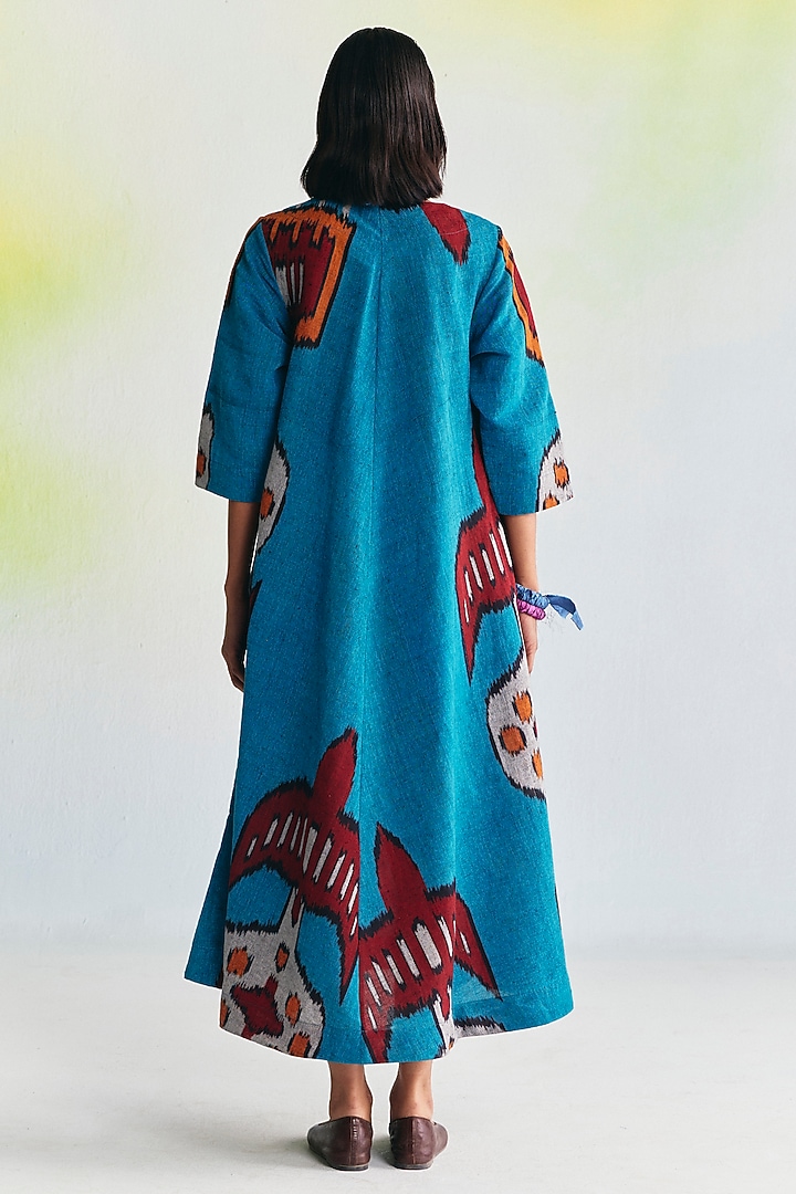 Cerulean Blue Linen Ikat Printed Vacation Dress by Translate Ikat India at Pernia's Pop Up Shop