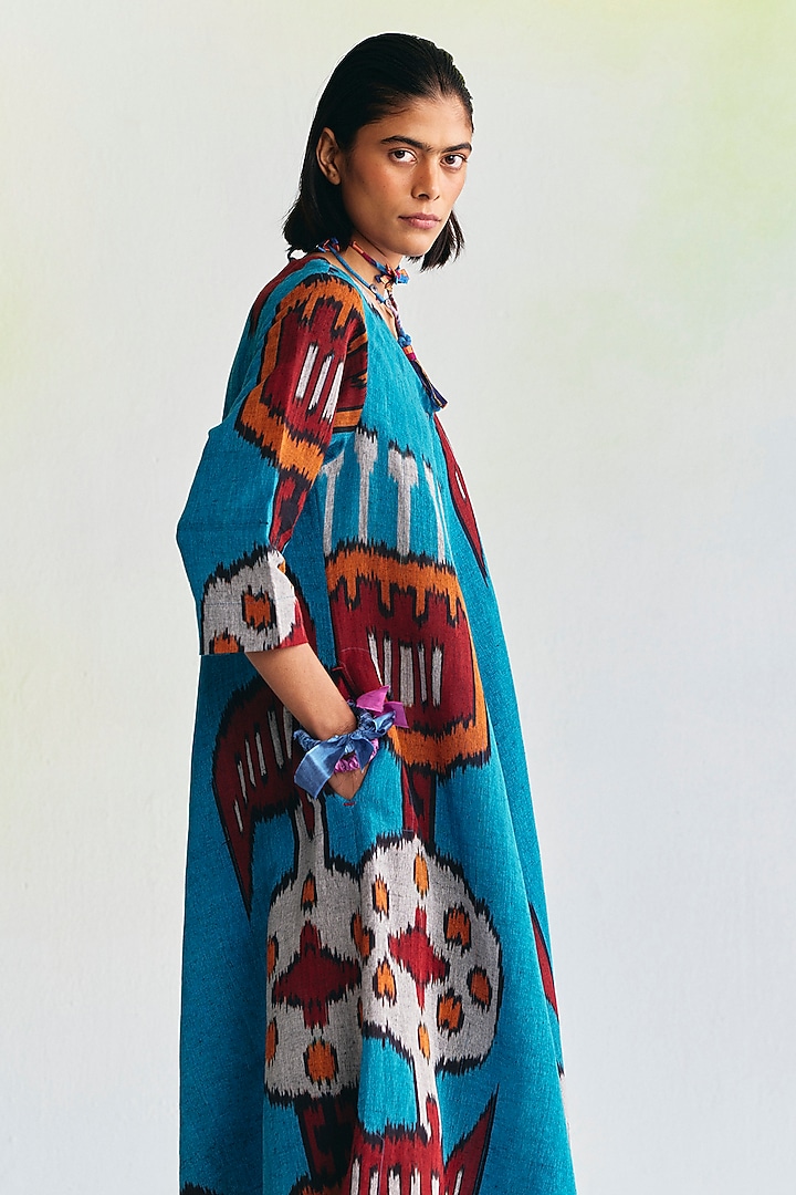 Cerulean Blue Linen Ikat Printed Vacation Dress by Translate Ikat India at Pernia's Pop Up Shop