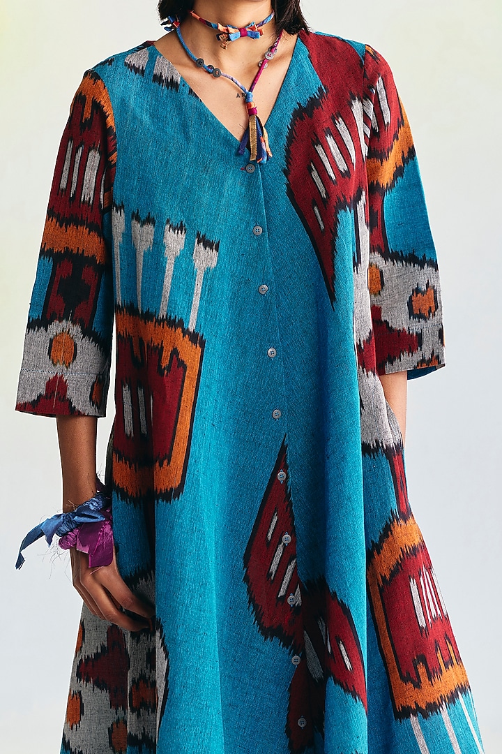 Cerulean Blue Linen Ikat Printed Vacation Dress by Translate Ikat India at Pernia's Pop Up Shop